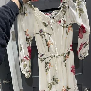 Off the shoulder, white floral flowy dress